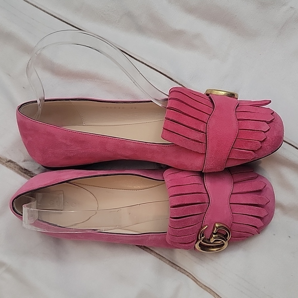 Gucci Womens Scamosciato GG Marmont Fringe Flats Hot Pink size 36 or US 6